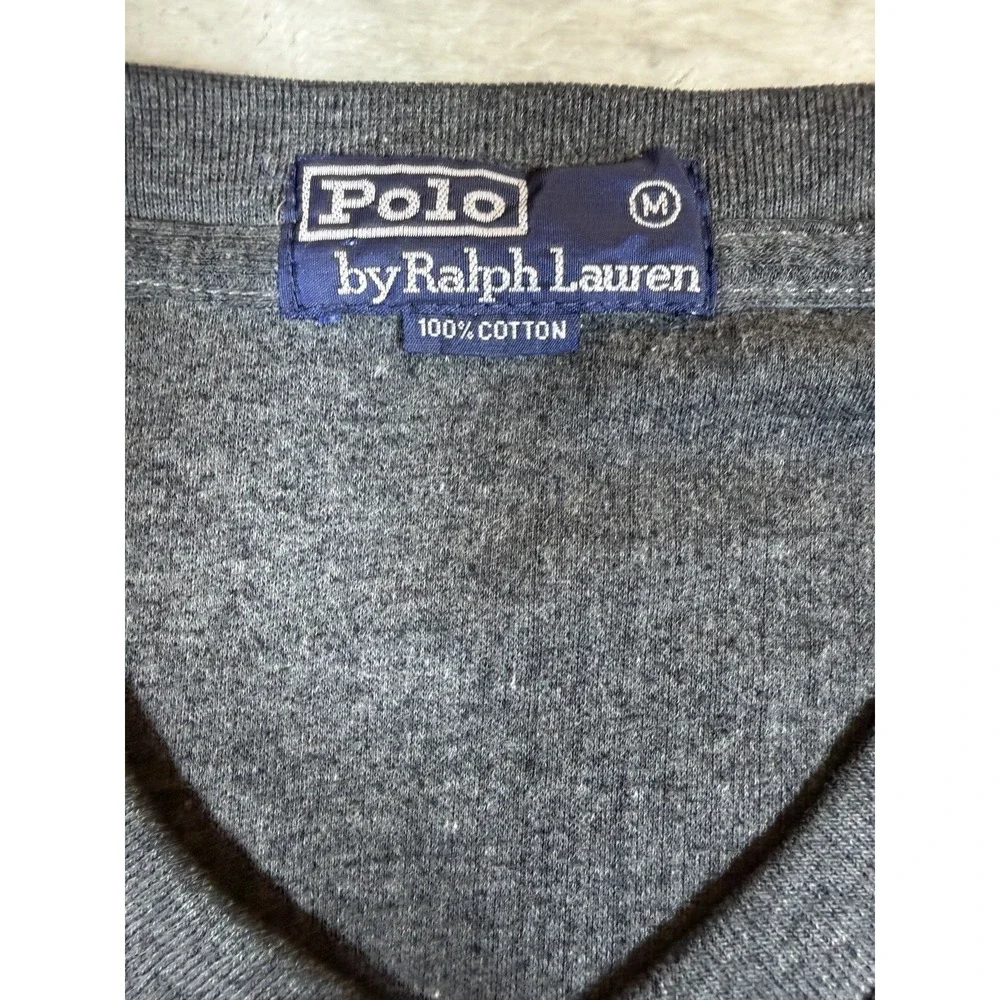 Polo Ralph Lauren Vintage Ribbed Knit V Neck T Shirt Gray Red Pony Mens Medium